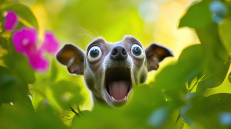 A small dog with big eyes and a big smile is looking at the camera. The dog is in a lush green field with pink flowers in the background. Scene is joyful and playfulの素材
