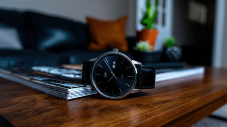 A stylish black watch sits on a polished wooden table, surrounded by magazines in a cozy living room. Soft lighting enhances the warm atmosphere with plants adorning the space.の素材