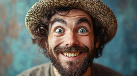 A man with a big smile and a hat on his head. He is looking at the camera and he is happyの素材