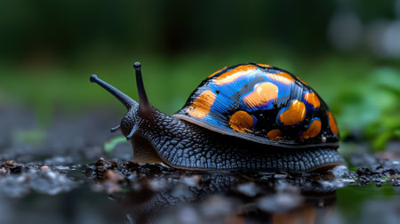 A colorful snail is sitting on a wet rock. The snail is orange and blue with black spotsの素材