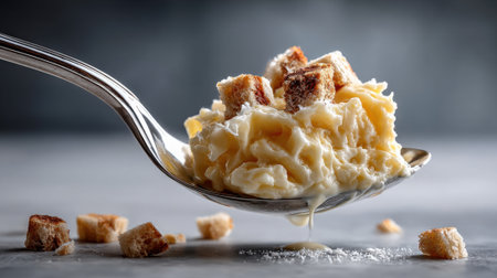 A spoonful of creamy pasta topped with crunchy croutons rests on a dark surface. Soft lighting enhances the textures, making it an inviting dish perfect for a cozy meal.の素材