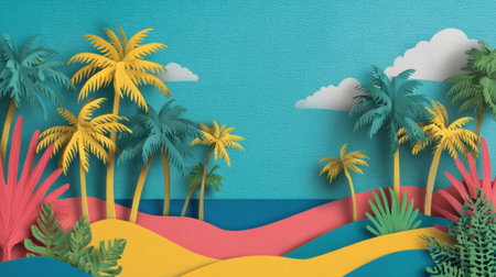 Brightly colored paper art creates a lively tropical scene by the ocean with palm trees and clouds.の素材