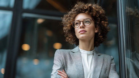 A young woman with curly hair and glasses stands confidently gazing out of a glass office window.の素材