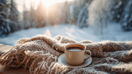 A steaming cup of coffee sits on a soft blanket as sunlight shines on a snowy landscape.の素材