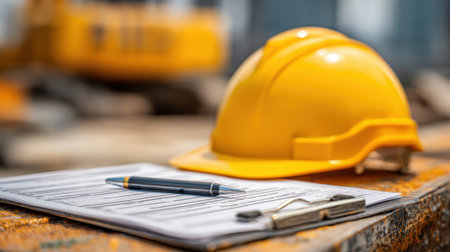Yellow hard hat rests on a clipboard with a checklist reflecting a busy construction site.の素材