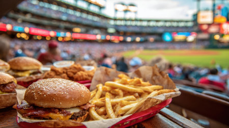 Fans savoring tasty burgers and fries in the stands during an exciting baseball match in summer.の素材