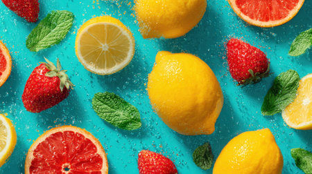 Sliced lemons grapefruits and strawberries create a colorful display on a bright turquoise background.の素材
