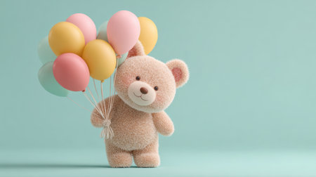 Plush toy bear stands happily with vibrant balloons creating a joyful atmosphere perfect for parties.の素材