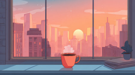Bright sunset paints the sky over the city while a comforting cup of coffee rests on the windowsill.の素材