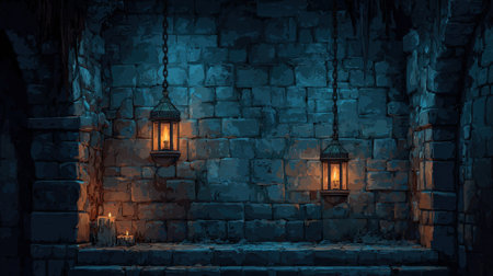 Eerie dungeon features flickering lanterns and candles illuminating the rough stone walls.の素材