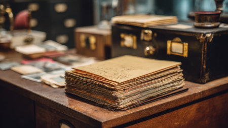 Stacks of aged papers and photographs create a nostalgic ambiance in a warm inviting room.の素材