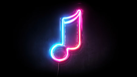 Bright neon music note glows against a dark backdrop filling the space with lively energy and artistic flair.の素材