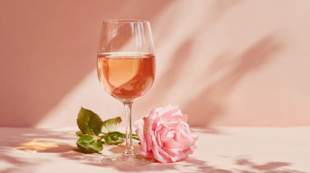 A delicate glass of rose sits beside a fresh pink rose both softly lit by afternoon sunlight.の素材