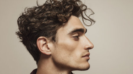 A young man showcases his stylish curly hair and defined features in a professional studio.の素材