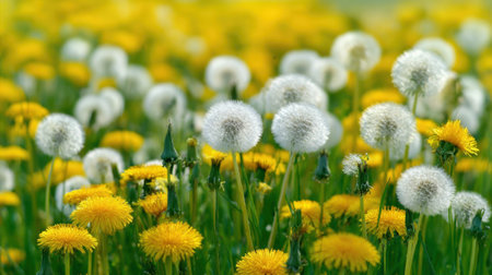 A vibrant field flourishes with yellow dandelions and white fluffy seed heads under sunlight.の素材