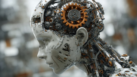 A robotic head features detailed gears and metallic parts reflecting innovation and artistry in technology.の素材