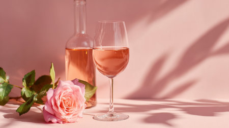A glass of pink wine is paired with a beautiful rose creating a calming and elegant atmosphere.の素材