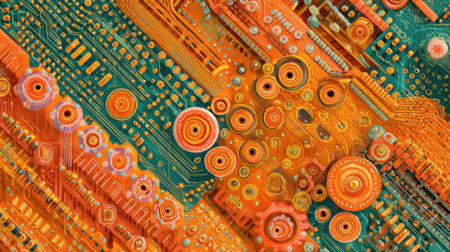 Colors blend to create a stunning view of a circuit board showing complex details and textures.の素材