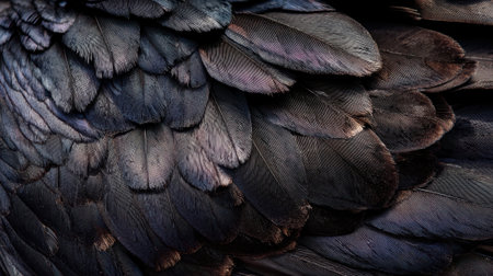 Feathers display a stunning array of textures and dark colors under soft light showing natures beauty.の素材