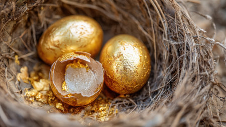A nest filled with shimmering golden eggs one cracked open showing delicate treasures inside.の素材