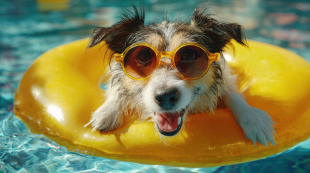 This cheerful pup floats on a yellow pool ring under the sun radiating joy and fun.の素材
