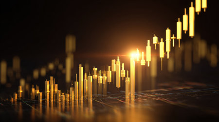 Shimmering golden candlestick charts depict stock market trends with rising values at sunset.の素材