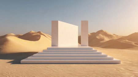 A striking white monument rises from soft golden sands surrounded by endless dunes and sunlight.の素材