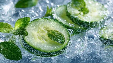 Cool cucumber slices float in bubbly water accompanied by fresh mint leaves creating a refreshing scene.の素材