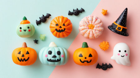 Brightly decorated Halloween treats are arranged playfully with pumpkins and a friendly ghost against a pastel backdrop.の素材