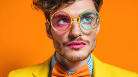 A trendy individual showcases unique fashion and playful accessories with a cheerful backdrop.の素材