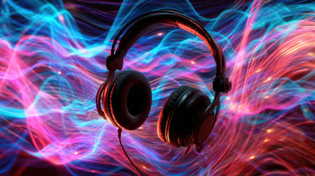 Headphones stand out against a backdrop of dynamic colorful sound waves creating an energetic atmosphere.の素材