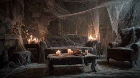 A spooky living room filled with cobwebs soft candlelight and an eerie atmosphere creates a haunting scene.の素材