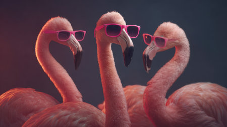 Three pink flamingos wear bright sunglasses while standing close together showcasing their fun personalities.の素材