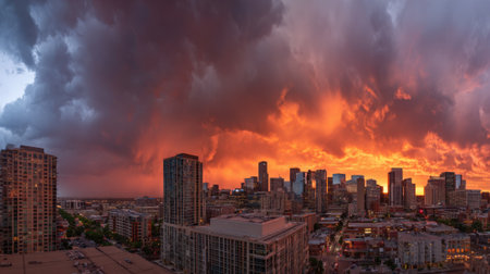 Dark clouds gather as a brilliant sunset lights up the urban skyline in warm hues.の素材