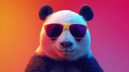 A joyful panda sports bright sunglasses capturing a fun moment in an artistic and colorful setting.の素材
