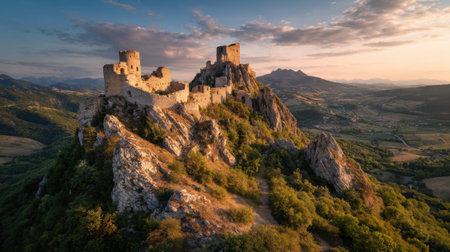 Ancient castle ruins sit atop a rocky hill glowing in the warm colors of sunset framed by rolling hills.の素材