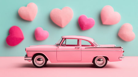 A charming pink toy car sits against a pastel backdrop surrounded by colorful heart shapes creating a playful atmosphere.の素材
