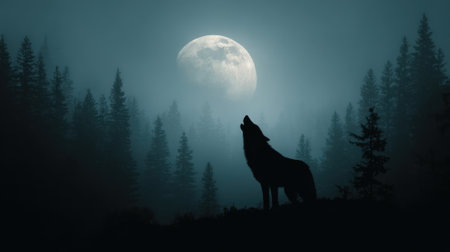 A lone wolf howls at a bright full moon surrounded by dark towering trees in a serene landscape.の素材