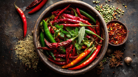 A colorful mix of fresh and dried chili peppers surrounded by various spices perfect for cooking.の素材