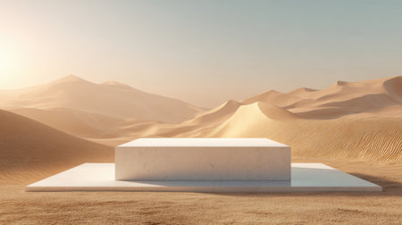 A stark white platform stands in a vast desert landscape glowing softly in warm evening light.の素材