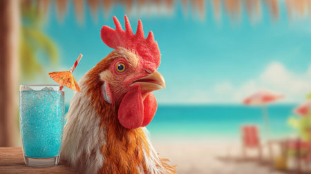 A colorful chicken relaxes at a beachside bar sipping a vibrant blue drink under the sun.の素材