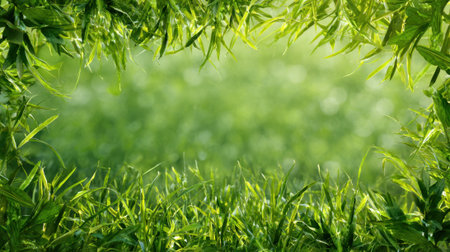 Lush grass frames an open area illuminated by sunlight inviting tranquility and nature appreciation.の素材