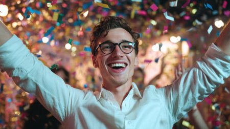 A joyful young man celebrates among friends surrounded by vibrant confetti in a festive atmosphere.の素材