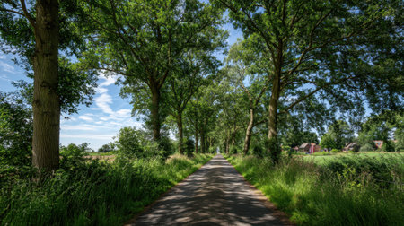 A serene road stretches through lush greenery and towering trees inviting exploration and tranquility.の素材