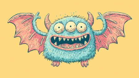 A fluffy blue monster with three eyes and wide wings is joyfully showing its teeth against a yellow backdrop.の素材