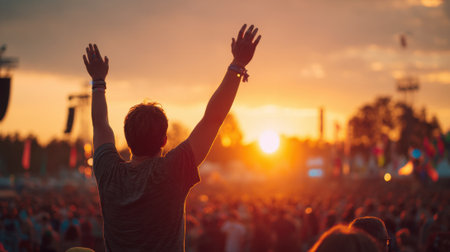 Crowd gathers under a colorful sky hands raised in excitement as the sun sets at a music festival.の素材