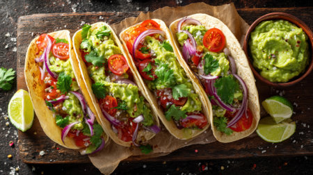 Fresh tacos loaded with tomato onions and guacamole presented on a rustic wooden board.の素材