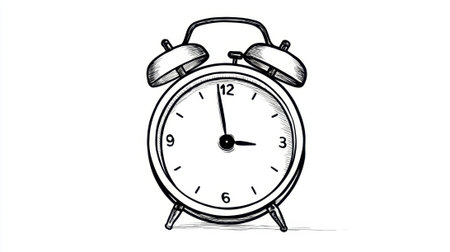 A hand drawn alarm clock shows time passing symbolizing the importance of punctuality and daily habits.の素材