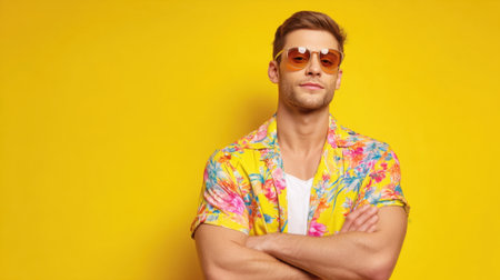 A stylish young man stands with arms crossed wearing sunglasses and a bright floral shirt.の素材