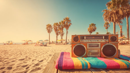 Warm sun shines on a lively beach scene with a vintage boom box resting on a bright towel.の素材